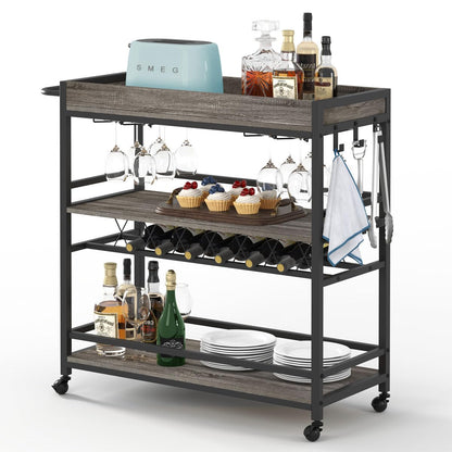 BON AUGURE Bar Cart, Home Bar Serving Cart on Wheels, Mobile 3 Tier Liquor Beverage Cart with Wine Rack and Glass Holder, Grey Oak - WoodArtSupply