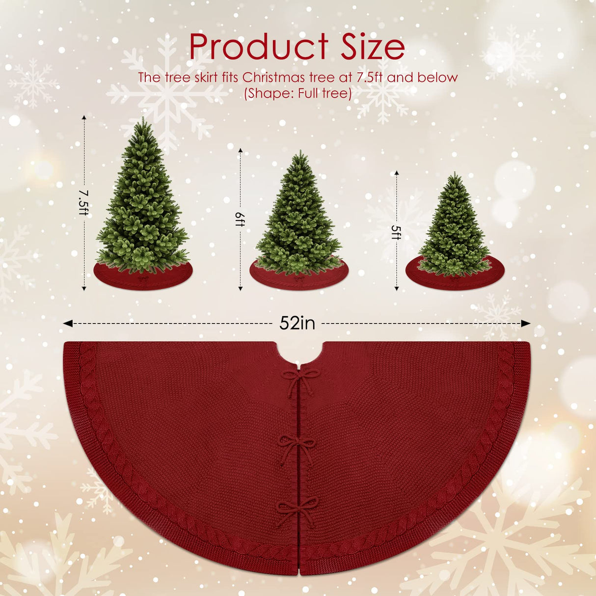 WBHome Christmas Tree Skirt, 52 inch Cable Knit Knitted Thick Rustic Holiday Decoration, Christmas Red WBHome