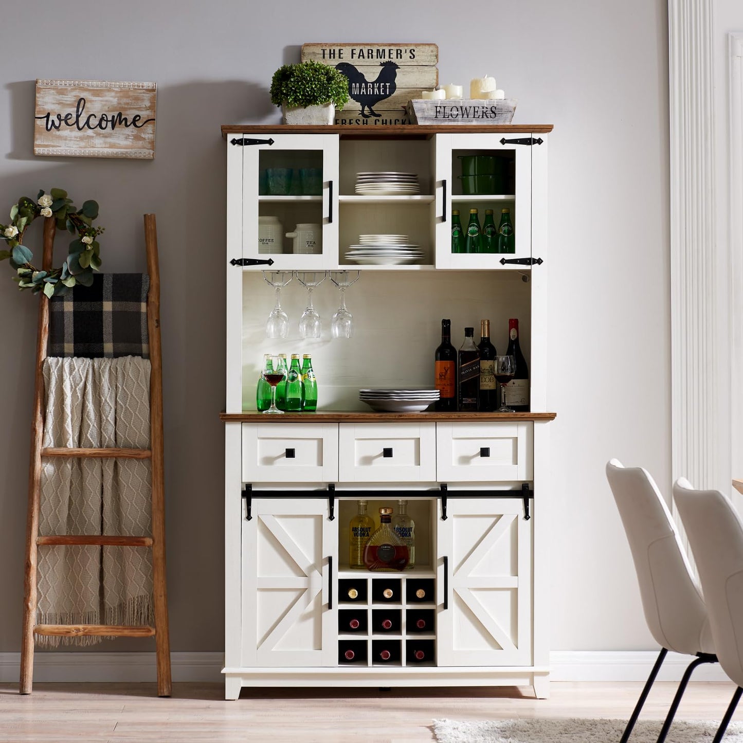 AMERLIFE Coffee Bar Cabinet with Sliding Barn Door, 72" Farmhouse Kitchen Sideboard, Buffet Storage Table, 3 Drawers, LED Lights, Tall Hutch Home Bar for Dining Room, White - WoodArtSupply