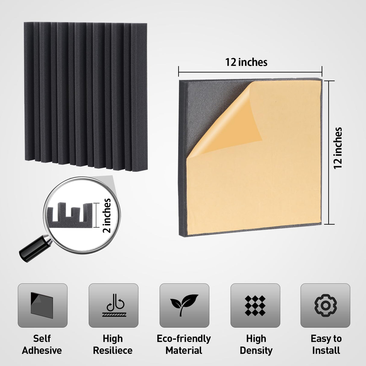 HERTBER-24 Pack Sound Proof Foam Panels for Walls Self-adhesive Grooved Black Acoustic Panels 12x12x2 Inches Soundproof Wall Panels High Density Acoustic Foam for Echoes Absorption and Noise Reduction HERTBER