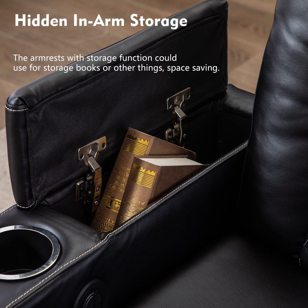 CANMOV Electric Power Recliner Chair with USB Ports and Cup Holders, Breathable Leather Home Theater Seating with Hidden Arm Storage (Black) CANMOV