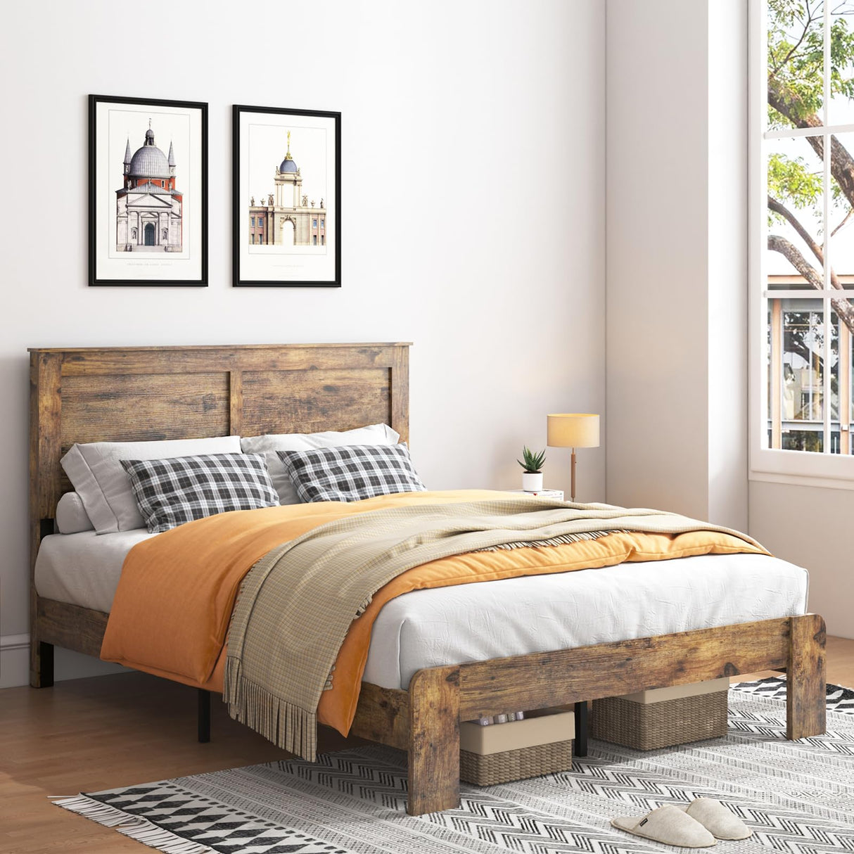 YHJIV Wood Queen Bed Frame with Headboard, Rustic Farmhouse Platform Bed Frame with 12 Wood Slats Support, No Box Spring Needed, Easy Assembly (Vintage Brown, Queen) YHJIV