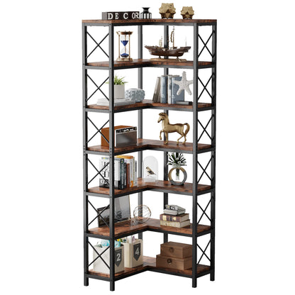 Tribesigns 7-Shelf Rustic Brown Corner Bookshelf with Metal Frame for Modern Living Spaces - WoodArtSupply