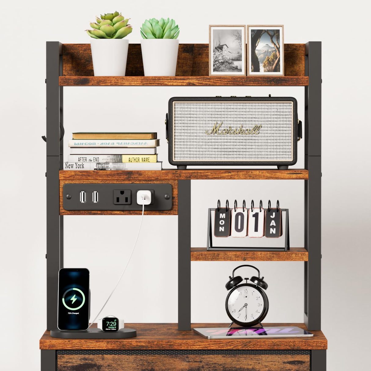 Furnulem Tall Night Stand with LED & USB Ports, 45.3inch Nightstand with Open Bookshelf, Bedside Table with 3 Fabric Drawers for Bedroom/Dorm/Office, Rustic Brown Wood-Metal Frame Furnulem