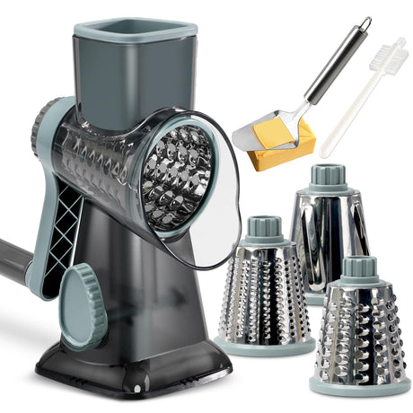 KEOUKE Rotary Cheese Grater with Handle Vegetable Cheese Shredder Slicer Grater for Kitchen 3 Changeable Blades for Cheese Potato Zucchini Nuts Chocolate - GreyBlue KEOUKE