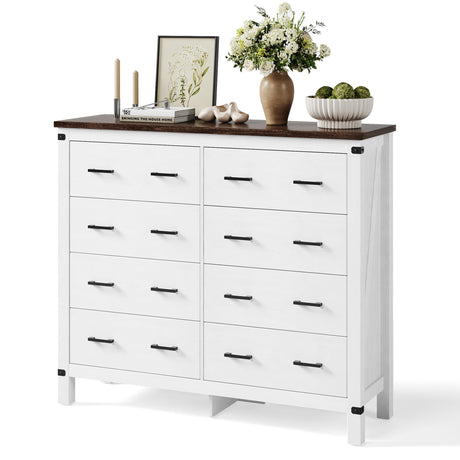 LINSY HOME Farmhouse 8 Drawer Double Dresser for Bedroom, 50” Wide Rustic Wood Chest with Deep Drawers, Modern Dressers with Storage and Metal Handles for Closet, Living Room, Hallway, Off White LINSY HOME
