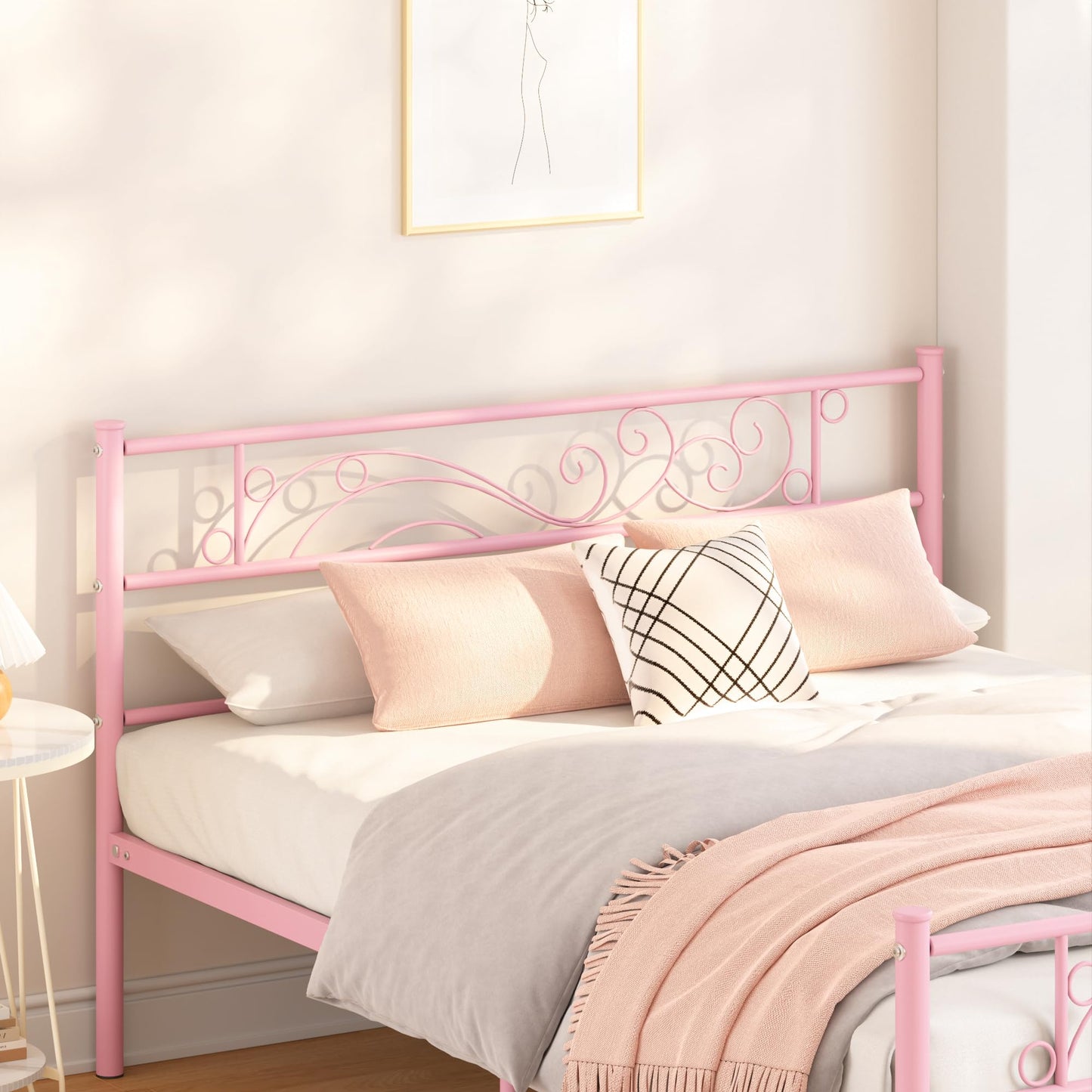 Weehom Full Size Bed Frames with Headboard, Heavy Duty Metal Platform Bed Strong Metal Slats Support,Easy Assembly Pink