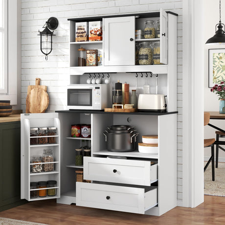 Kitchen Pantry Storage Cabinet,Freestanding Buffet Cabinet with Wine Glass Holder and 2 drawers,Food Pantry with Doors and Shelves,Tall Kitchen Hutch with Microwave Stand for Kitchens(White+Black) Gyfimoie