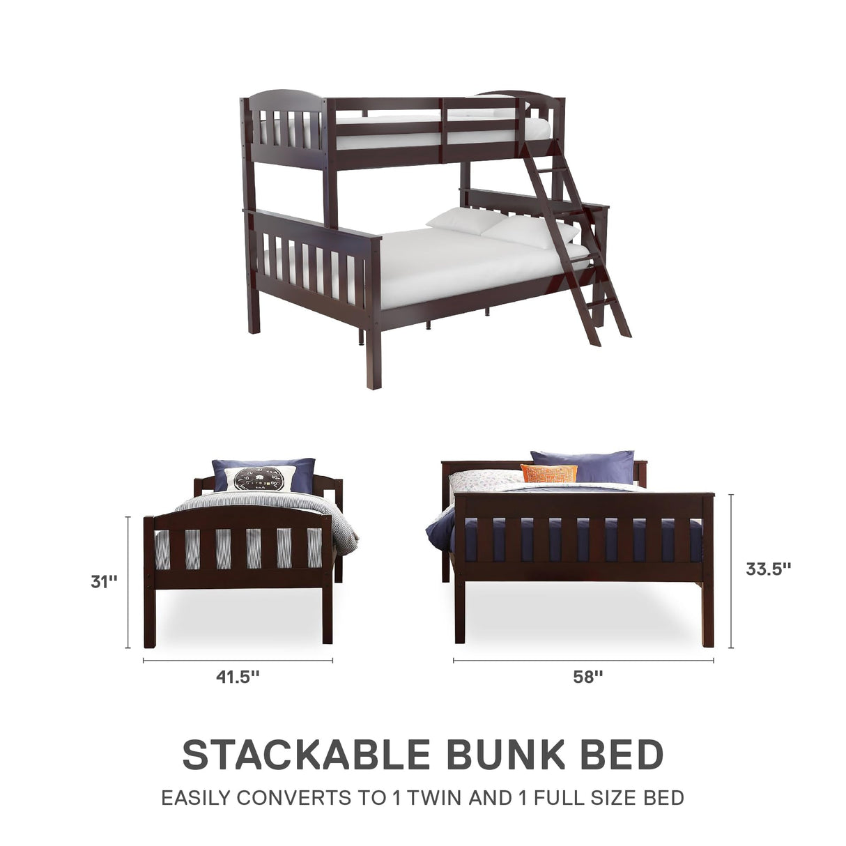 DHP Airlie Espresso Twin-Over-Full Convertible Bunk Bed with Ladder and Guardrails DHP