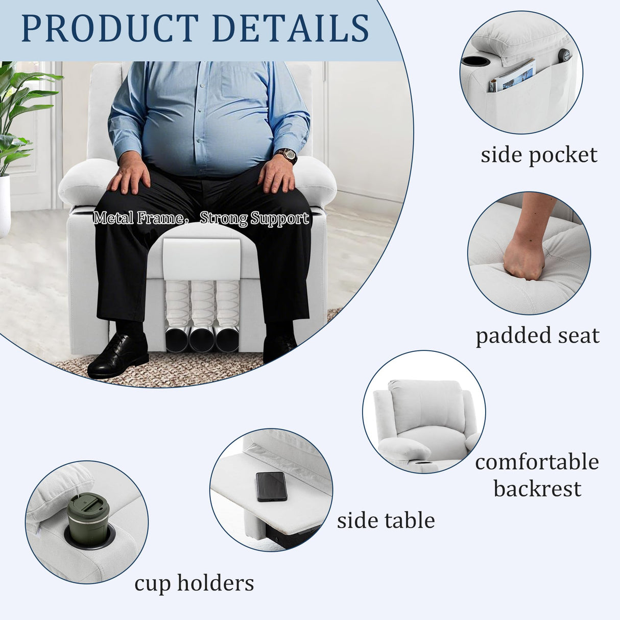 Power Recliner Chair for Adults,Upholstered Nursery Reclining Sofa Chair,Heating Point Massage Theater Seating Single Sofa with Side Pockets Table for Living Room-Grey White Alunaune