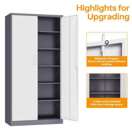 STANI Metal Garage Storage Cabinet with Lock, 71" Steel Lockable File Cabinet, Locking Steel Storage Cabinet with 4 Adjustable Shelves for Home, Office, Warehouse, Garage, School (White+Grey) STANI