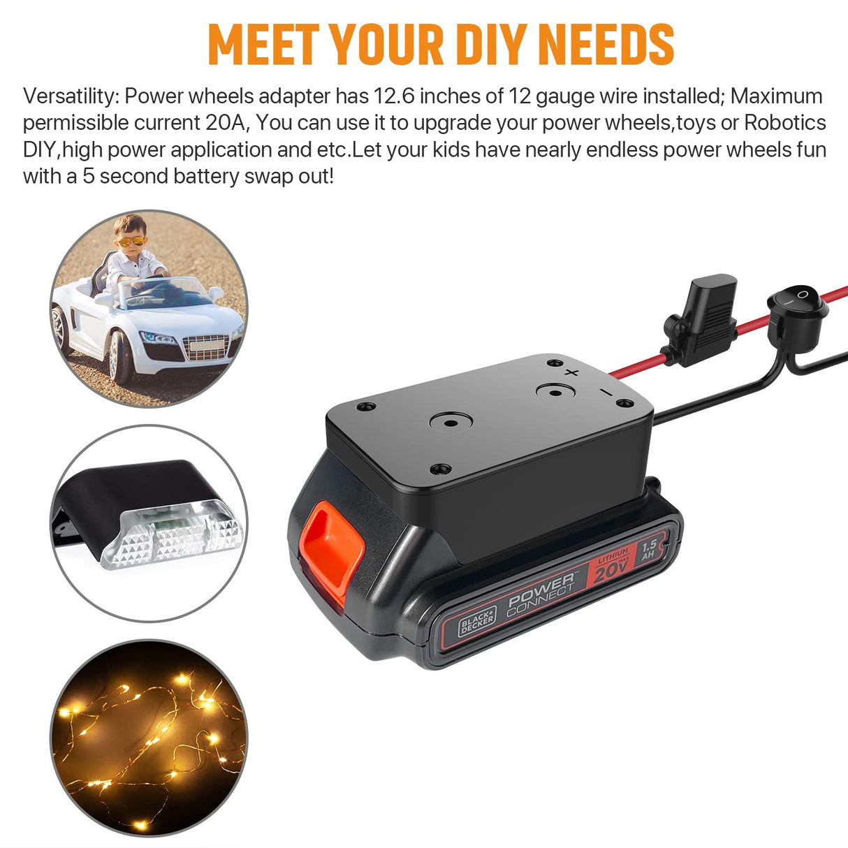 Power Wheel Adapter with Fuse&Switch,Secure Battery Adapter for Black+Decker 20V MAX Lithium Battery,with 12 Gauge Wire,Good Power Convertor for DIY Ride On Truck,Robotics,RC Toys and Work Lights Ensayeer