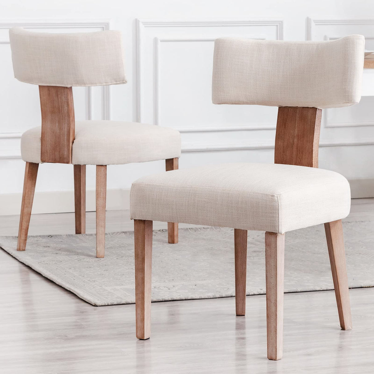 Wahson Beige Dining Chairs Set of 2, Comfy Upholstered Modern Farmhouse Kitchen Chairs with Wood Legs, Linen Fabric Dining Chairs with Curved Wingback for Living Room Bedroom Wahson