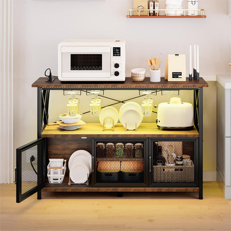 YITAHOME 47" Rustic Brown Wine Cabinet with LED Lights and Power Outlets YITAHOME