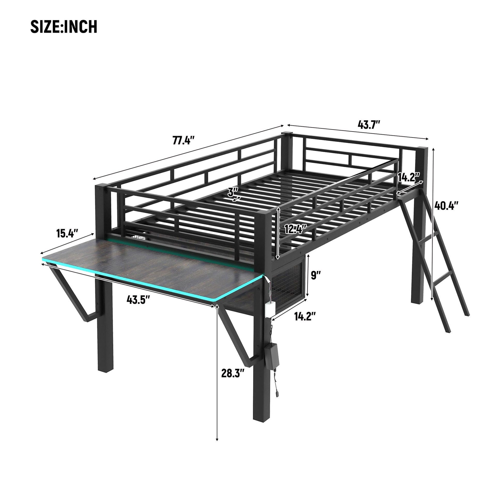 Linique Black Twin Size Gaming Loft Bed with Desk, LED Lights, and Staircase - WoodArtSupply