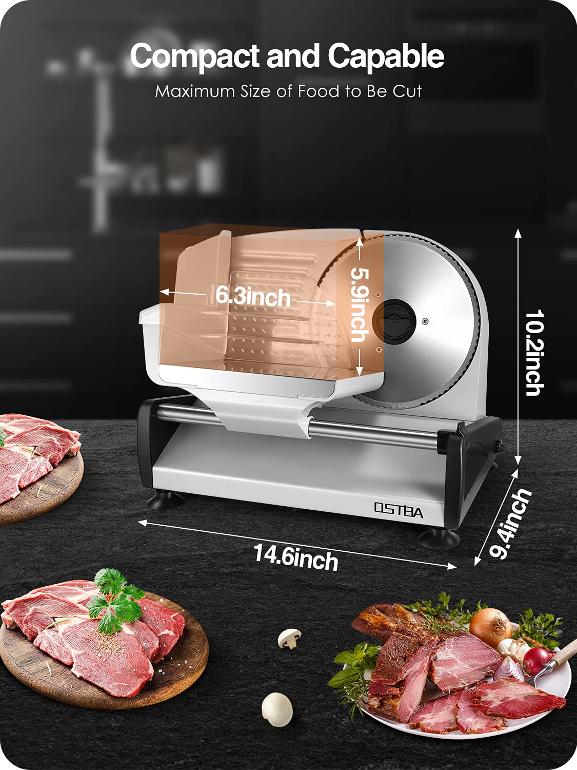 OSTBA Meat Slicer Electric Deli Food Slicer with Child Lock Protection, Removable 7.5’’ Stainless Steel Blade and Food Carriage, Adjustable Thickness Food Slicer Machine for Meat, Cheese, Bread(150W) OSTBA