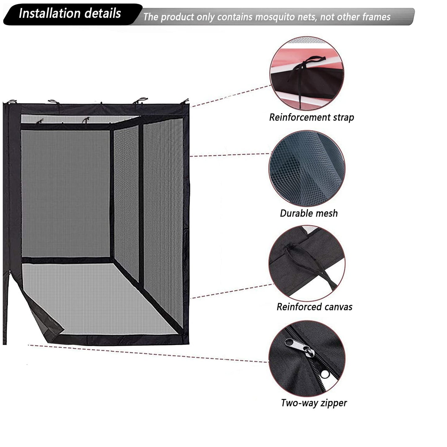 10x10 Mosquito Netting for Patio Camping Gazebo/Pop Up Canopy Tent,Double Door Side Screen Easy Installation Black（Only Mosquito Net No Frame） (Embedded 10x10)