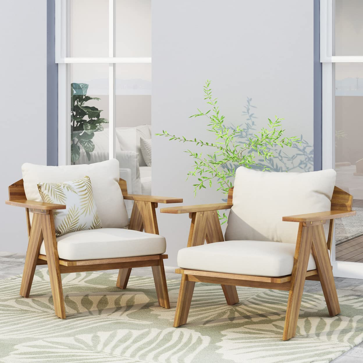 Christopher Knight Home Arcola Outdoor Acacia Wood Club Chairs with Cushions (Set 2), Teak Finish, Beige - WoodArtSupply