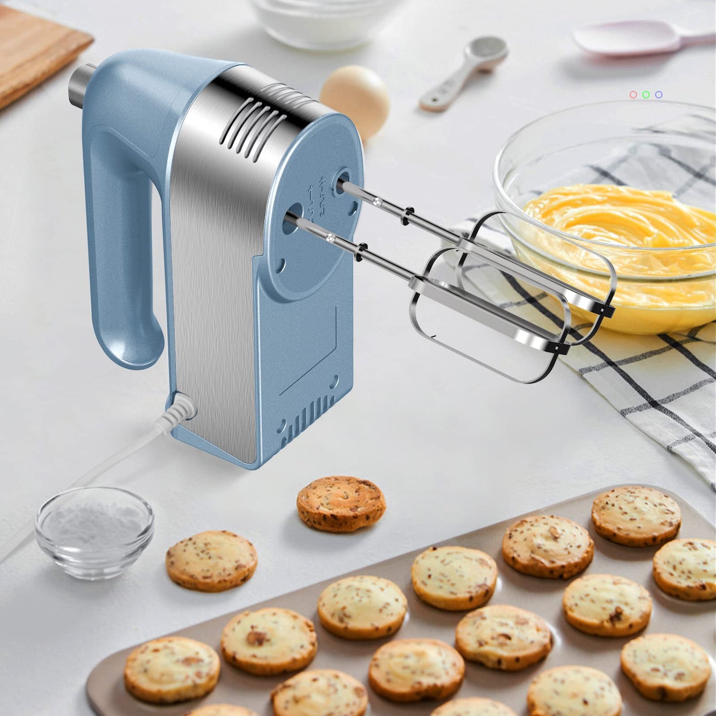 Hand Mixer Electric, 450W Kitchen Mixers with Scale Cup Storage Case, Turbo Boost/Self-Control Speed + 5 Speed + Eject Button + 5 Stainless Steel Accessories, For Easy Whipping Dough,Cream,Cake