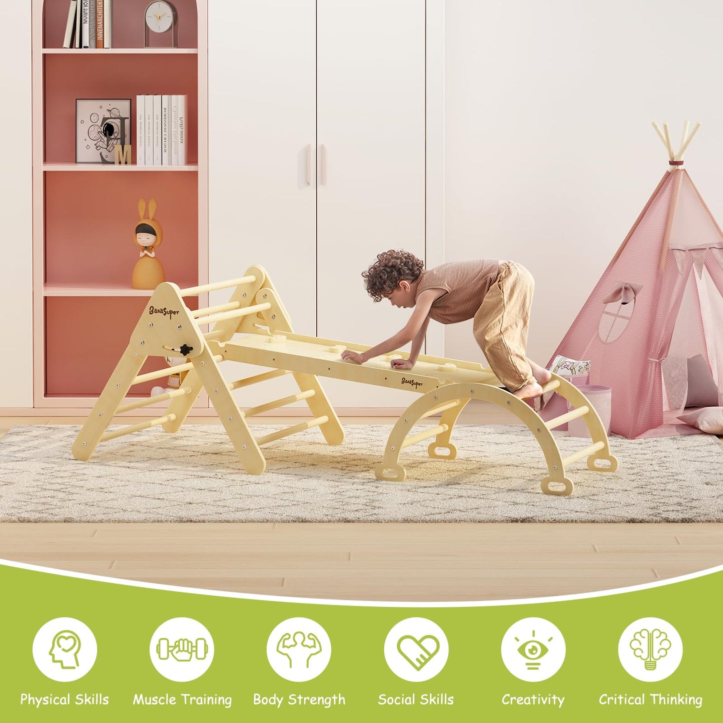 BanaSuper 3 in 1 Climbing Triangle Ladder with Ramp & Arch Foldable Wooden Climbing Triangle Set Montessori Climbing Toys for Baby Ourdoor Indoor Playground Play Gym Gift for Boys Girls