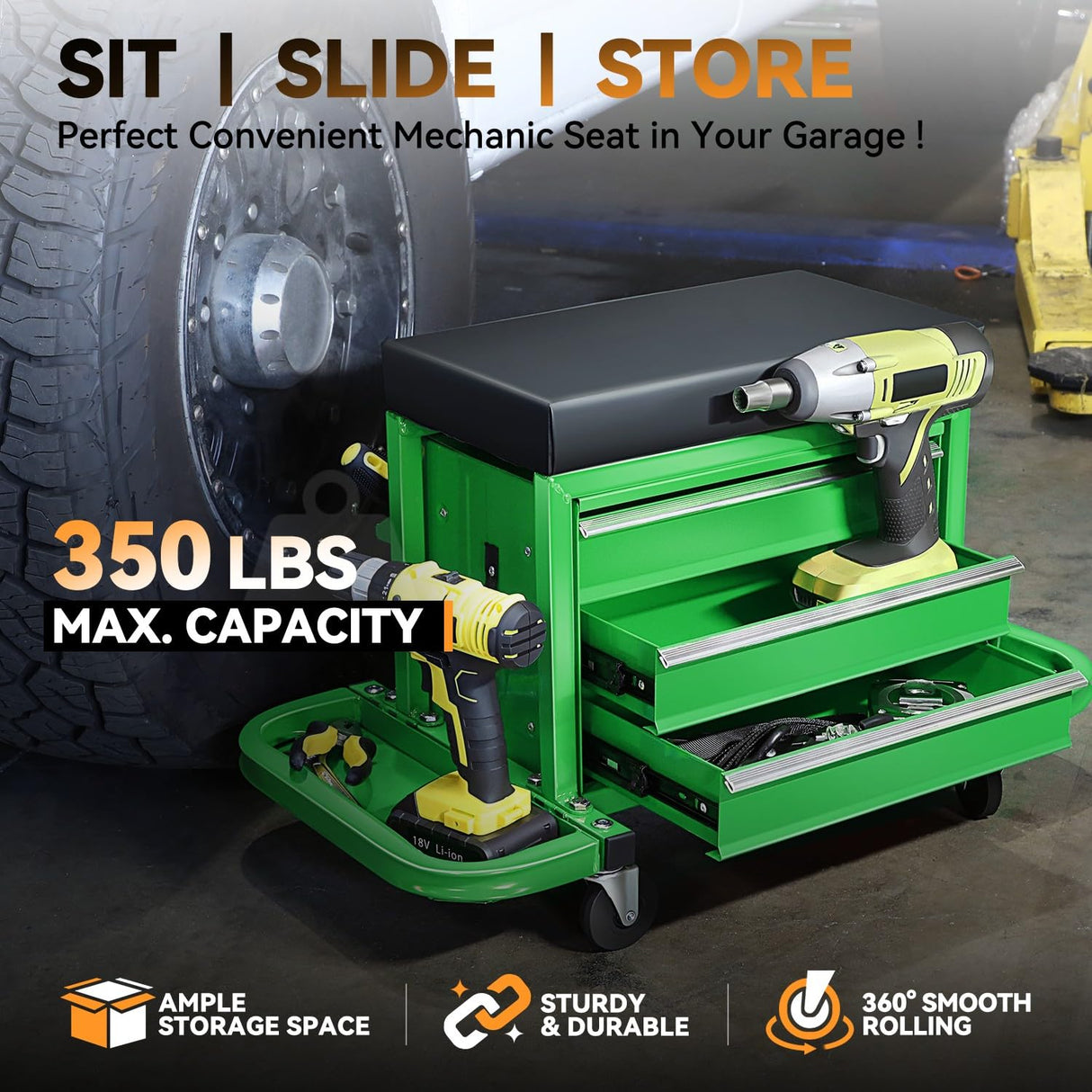 Auto Dynasty 3-Drawer Mechanic Rolling Seat, 350 LBS Capacity Roller Garage Shop Seat with Storage Tool Tray for Workshop, Repair Shop, Warehouse, Green Auto Dynasty