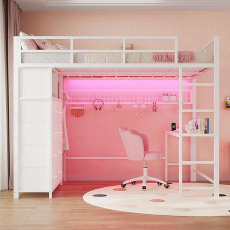 ADORNEVE Loft Bed Full Size with Desk and 8 Storage Drawers, LED Metal Loft Bed with Power Outlet, 2 Shelves & Clothing Rack, Bed with Safety Guardrail & Ladder,Space-Saving, White ADORNEVE