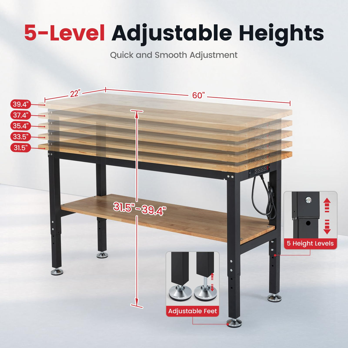 ENJOYWOOD Work Table for Garage 60 Inch Workbench with Storage Adjusta ...