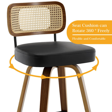 Bekrvio 29" Swivel Bar Stools Set of 2 with Rattan Back, Upholstered Faux Leather, Walnut Bentwood Frame in Black Bekrvio