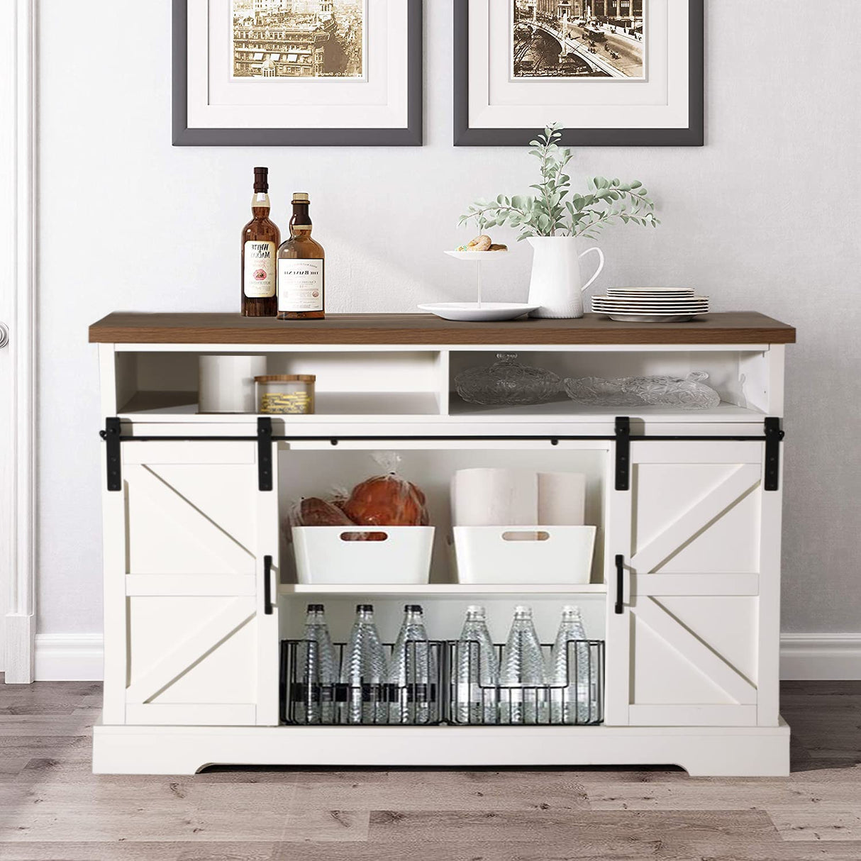 PHI VILLA Farmhouse Coffee Bar Cabinet - Sliding Barn Door Kitchen Sideboard Buffet Storage Cabinet PHI VILLA