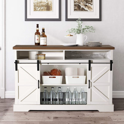 PHI VILLA Farmhouse Coffee Bar Cabinet - Sliding Barn Door Kitchen Sideboard Buffet Storage Cabinet - WoodArtSupply