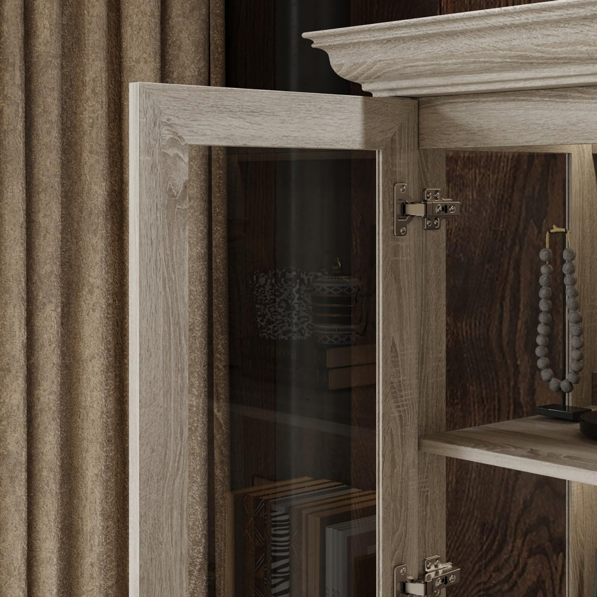 TAMUNE Display Cabinet with Lights, Bookcase Display Case Cabinet with 4 Glass Doors and 4-Tier Shelves, for Collectible, Grey Wood Grain 18.7" D x 68.5" W x 69.1" H TAMUNE