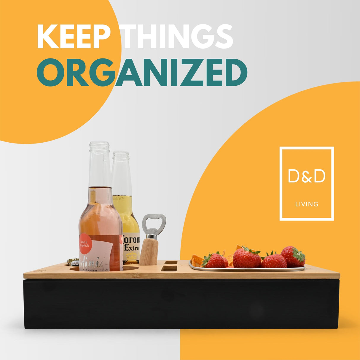 D&D Living® Couch Caddy - Bamboo Couch Console | Anti-Spill Drink and Cup Holder | Snack Organizer Tray for Sofa with Bottle Opener D&D Living