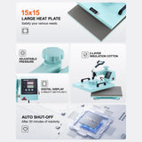 VEVOR 15x15 Heat Press Machine 8 in 1 Combo with 30 OZ Tumbler Press & Hat Press, Slide Out Heat Press Sublimation Machine for T-Shirts, Hats Caps Tumblers Glass Cans Mugs, and Plates (Light Green) VEVOR