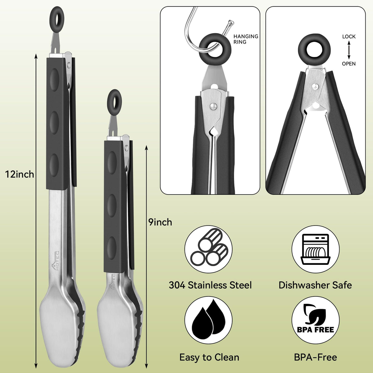 Hotec Stainless Steel Kitchen Tongs Grill Tongs Set of 2-9" and 12", Barbecue Tongs Locking Metal BBQ Kitchen Food Tongs for Cooking Non-Slip Grip HOTEC