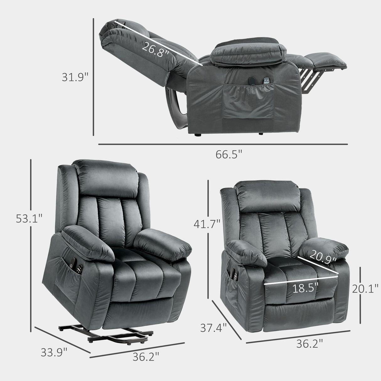 HOMCOM Power Lift Recliner Chair for Elderly, Fabric Massage Chair with Massage and Heat, Electric Lift Chair with USB Ports, Remote Controllers and Side Pockets, 35" Wide Back, Gray HOMCOM