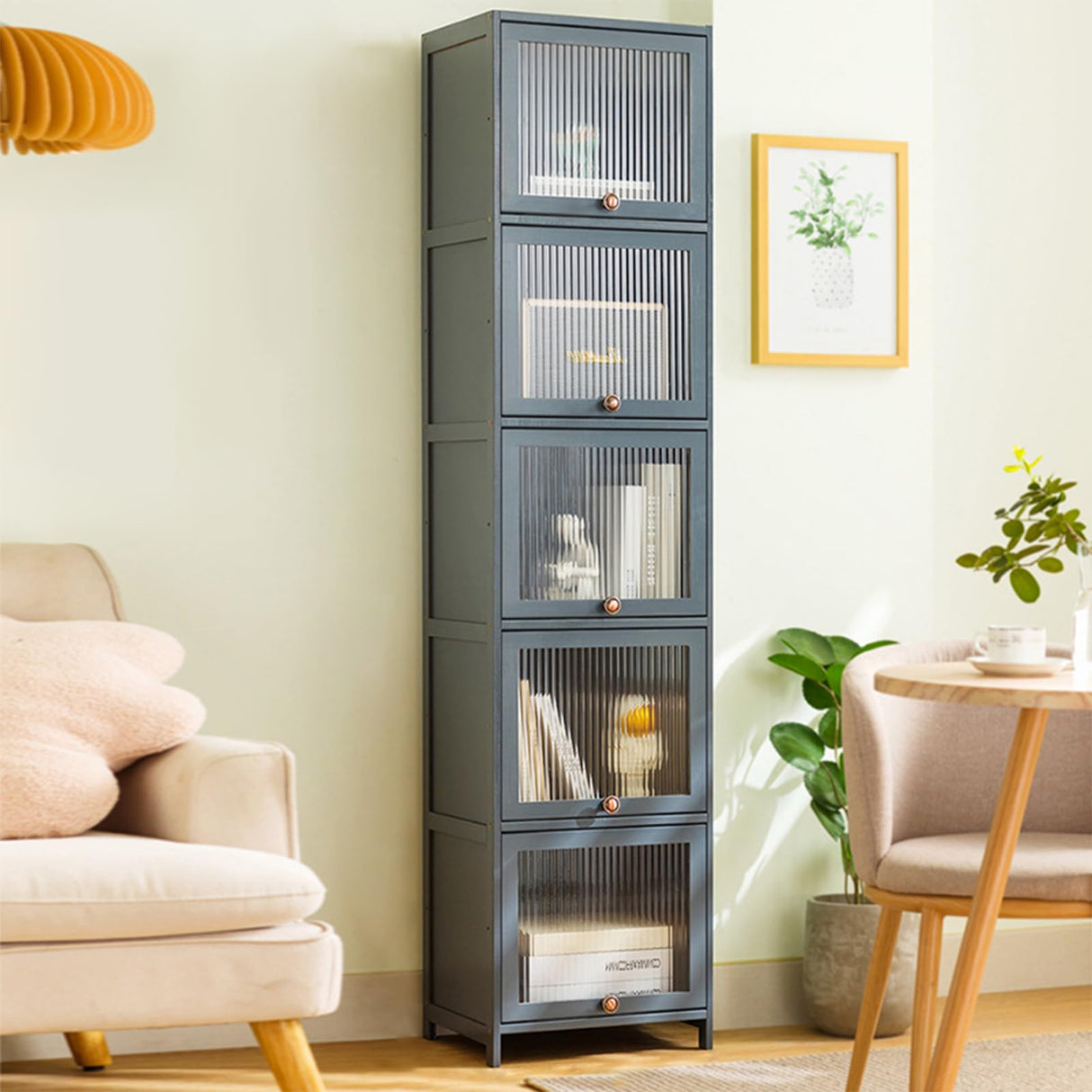 MCBAOB Bookcase with Clear Doors, 5-Tier Tall Bookshelf with Storage Cabinet, Bamboo Book Shelf and 5 Cube Organizer Book case for Living Room, Freestanding Storage Cabinet (5-Tier Grey) MCBAOB