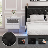 Full Size Floating Bed Frame with LED Lights, Upholstered PU Leather Platform Bed with Charging Station & Button Tufted Headboard Storage, No Box Spring Needed, Black Halitaa