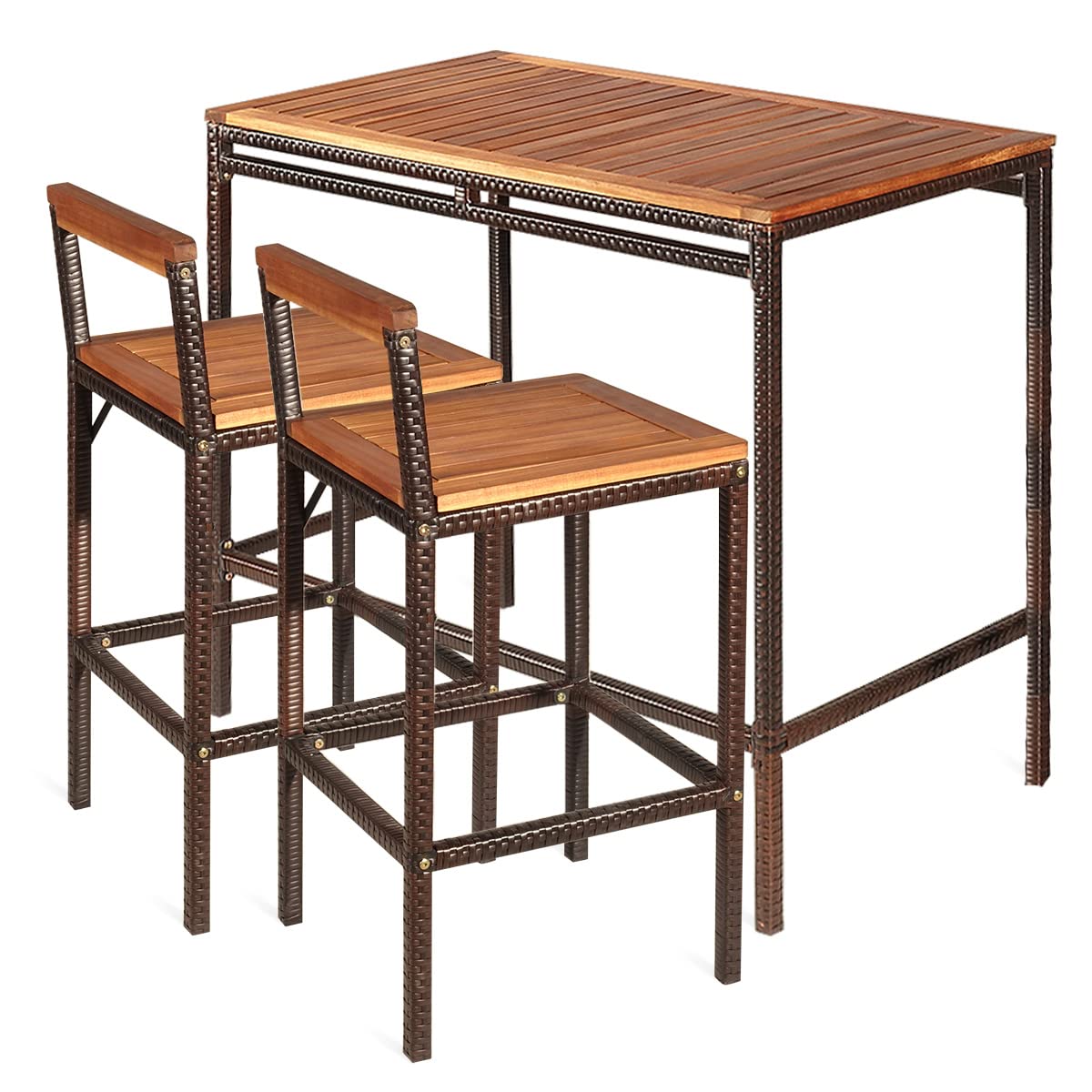 RELAX4LIFE 3-Piece Outdoor Bar Table Set, PE Rattan Wicker Bar Height Dining Table w/Acacia Wood Top & 2 Bar Stools Chairs w/Backrest Footrest, 3PCS Patio Bistro Set for Backyard Porch Poolside Garden RELAX4LIFE