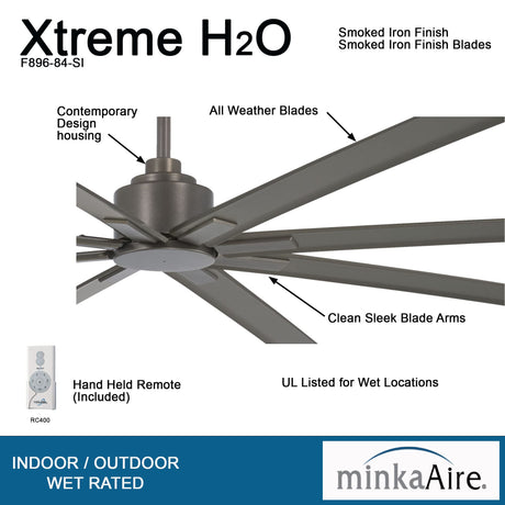 MINKA-AIRE F896-84-SI Xtreme H2O 84 Inch Outdoor Ceiling Fan with DC Motor, Gray Smoked Iron Finish MINKA-AIRE