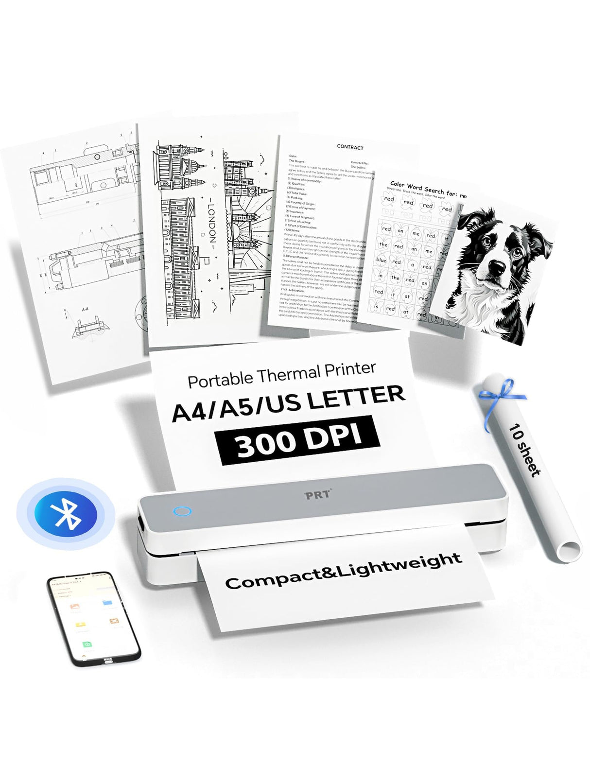 PRT Portable Printer Wireless for Travel, Bluetooth Thermal Printer Support 8.5" X 11" US Letter A4 A5, Compatible with iPhone, Android & Laptop, Inkless Printer for Office, Home, School, White PRT