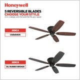 Honeywell Ceiling Fans Glen Alden, 52 inch Classic Flush Mount Indoor Ceiling Fan with No Light, Pull Chain, Quick-2-Hang Dual Finish Blades, Reversible Motor - 50516-01 (Oil Rubbed Bronze) Honeywell Ceiling Fans