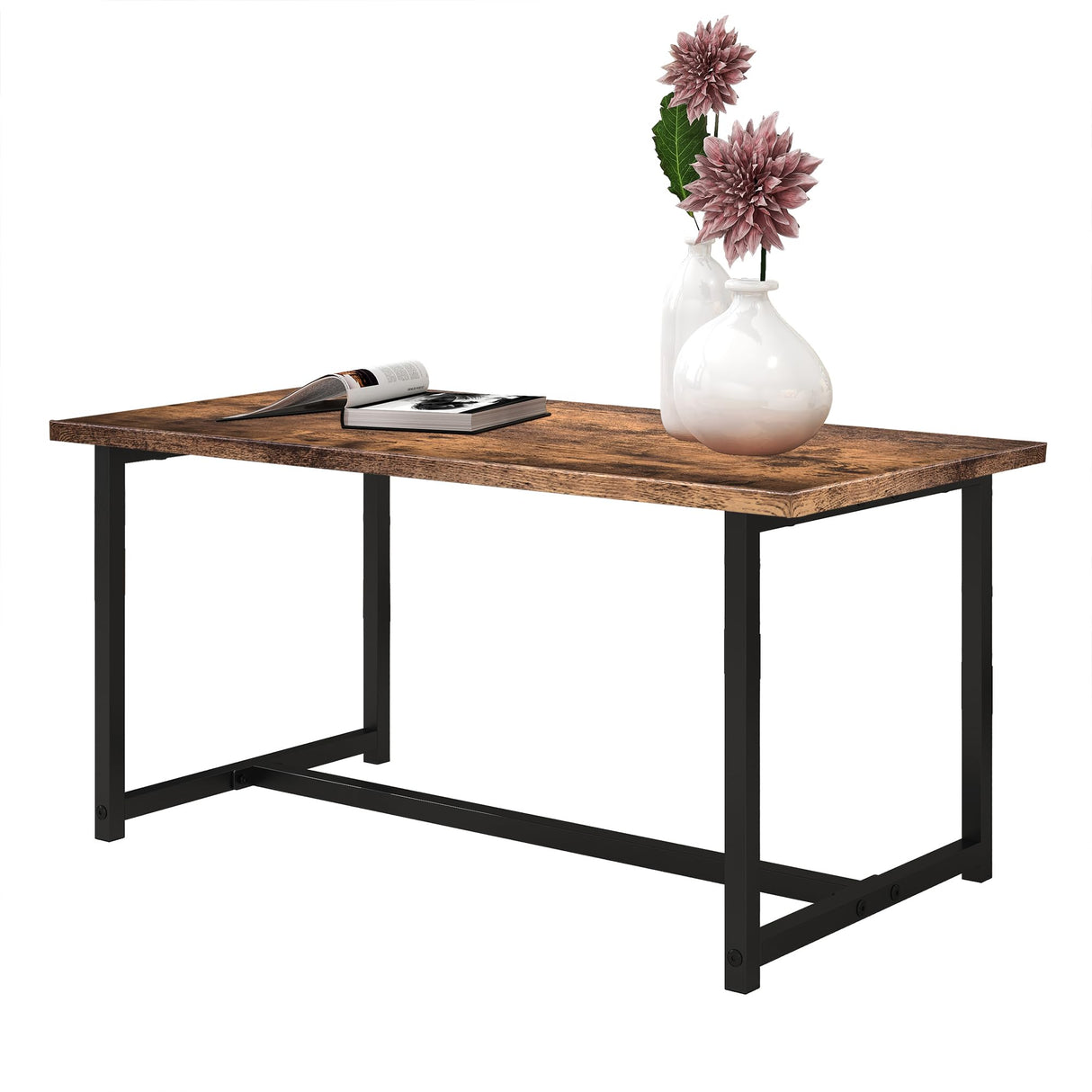 VERFARM Industrial Coffee Table with Rectangle Wood and Stable Metal Frames, Rustic Vintage Living Room Table for Living Room, Office, Brown/Black, Easy Assembly VERFARM