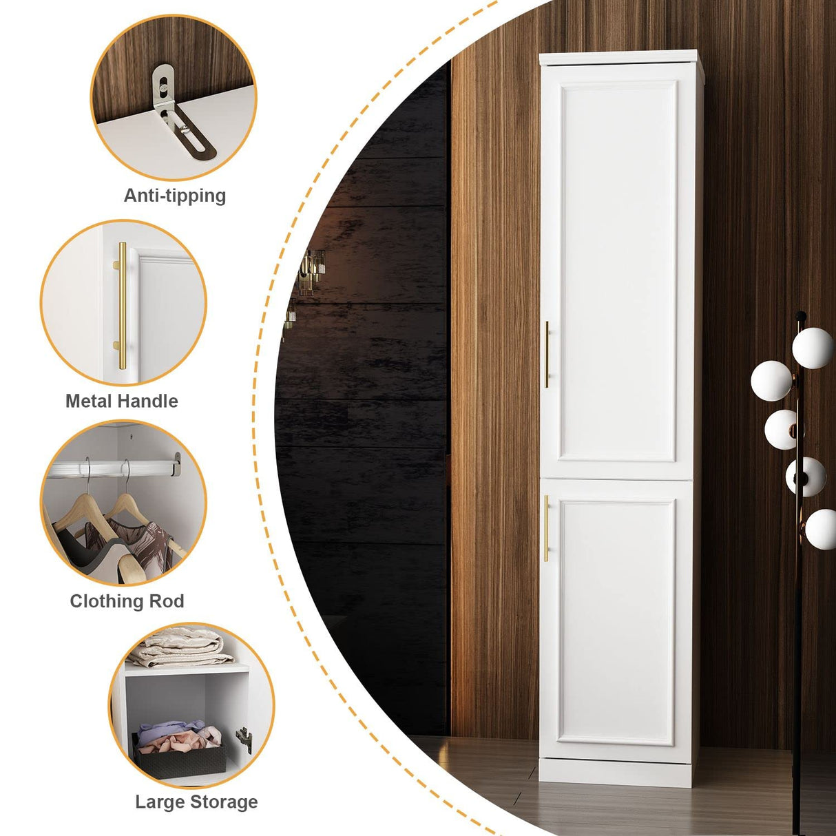 FAMAPY 2 Door Wardrobe Tall and Narrow Armoire Wardrobe with Hanging Rod, Gold Metal Handles, Closet for for Bedroom White (15.7”W x 19.3”D x 74.9”H) FAMAPY