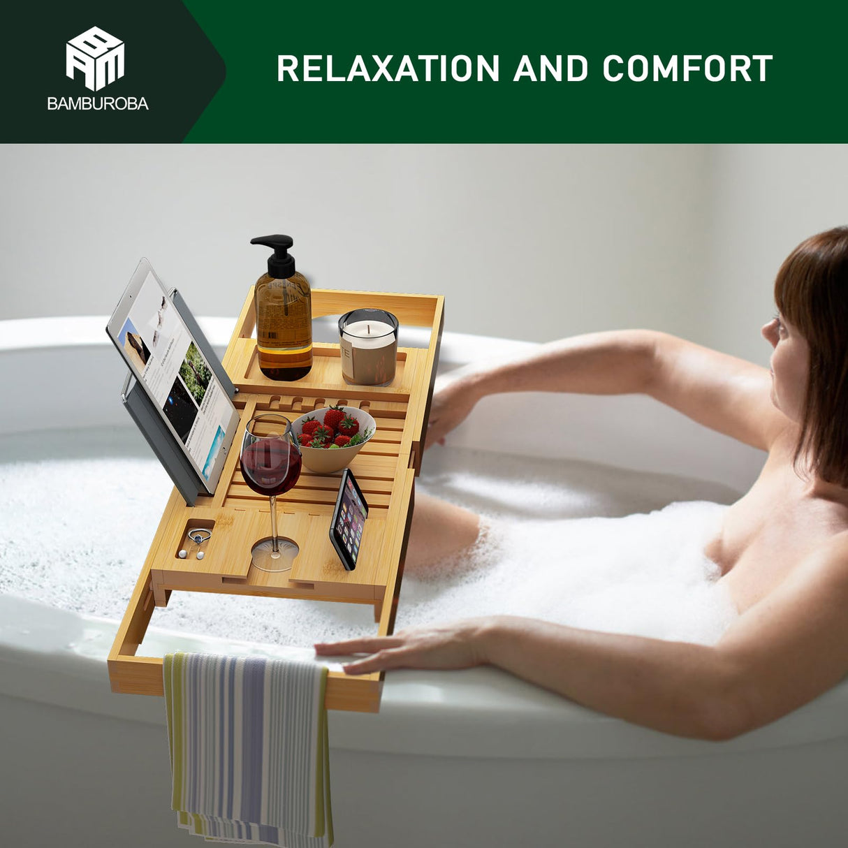 Foldable Bamboo Bathtub Caddy Tray Expandable for Luxury Bath, Bath Accessories & Table with Wine Glass Holder, Book Stand Bathroom Organizer with Extending Sides for Men/Women BAMBUROBA