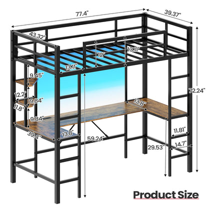 Hasuit Loft Bed with U-Shaped Desk, Charging Station &LED Lights, Metal LED Twin Loft Bed with Open Storage Shelves, Safety Guardrail & Double Ladder,No Box Spring Needed, Black Twin Size Loft Bed