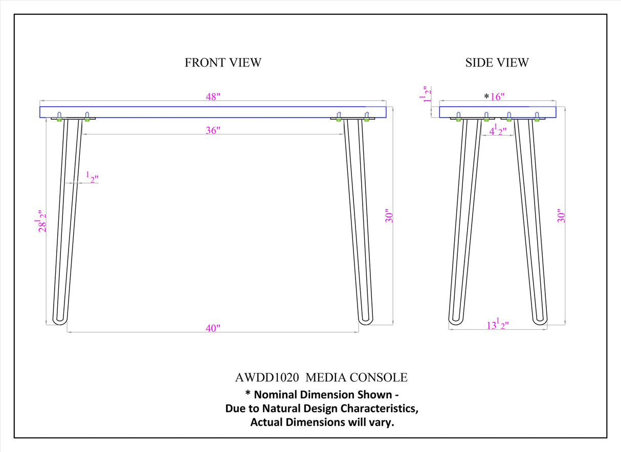 Alaterre Furniture Hairpin Natural Wood with Metal 48" Media Console Table, Live Edge, 16 in x 48 in x 30 in Alaterre Furniture