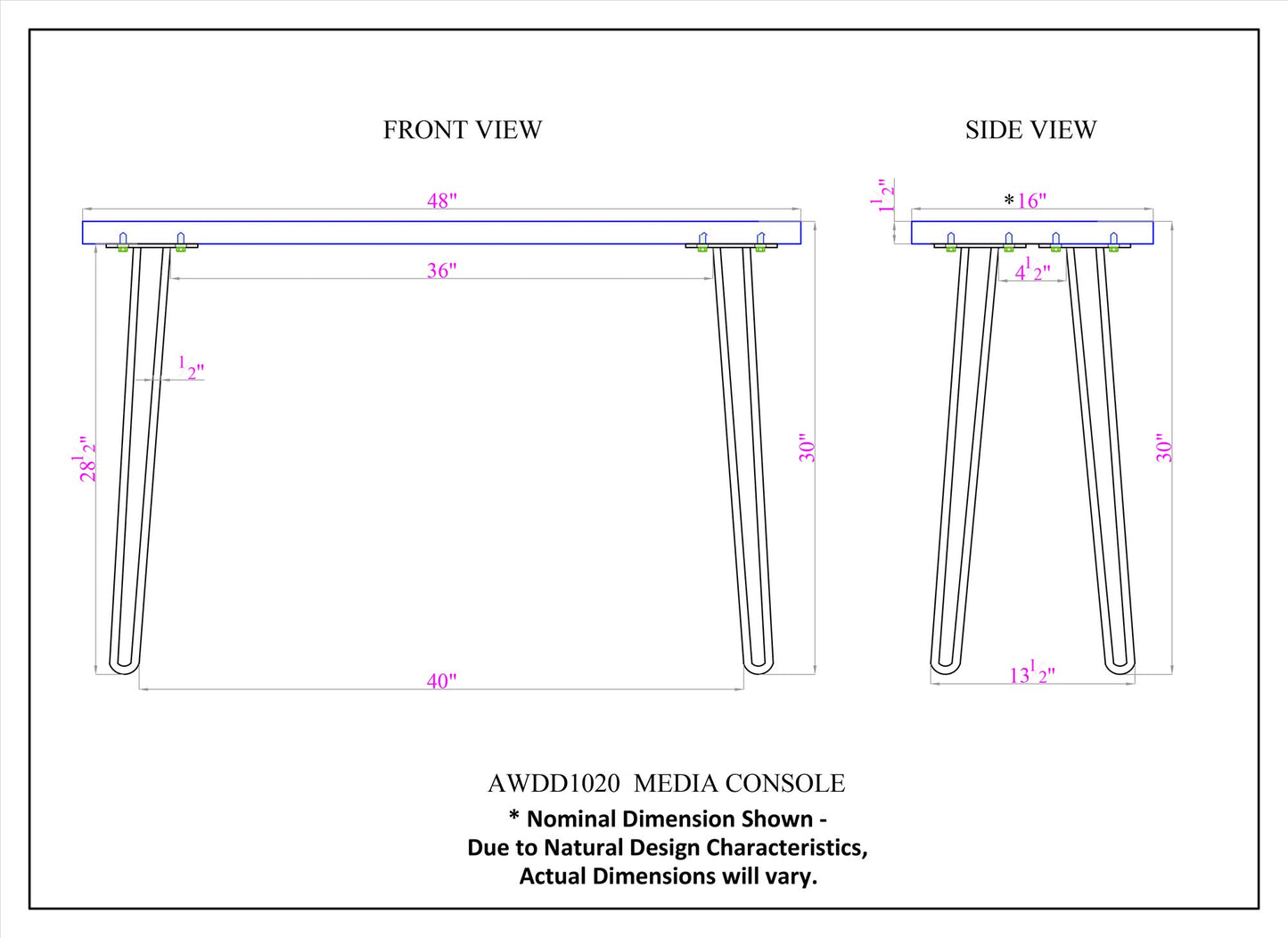 Alaterre Furniture Hairpin Natural Wood with Metal 48" Media Console Table, Live Edge, 16 in x 48 in x 30 in - WoodArtSupply