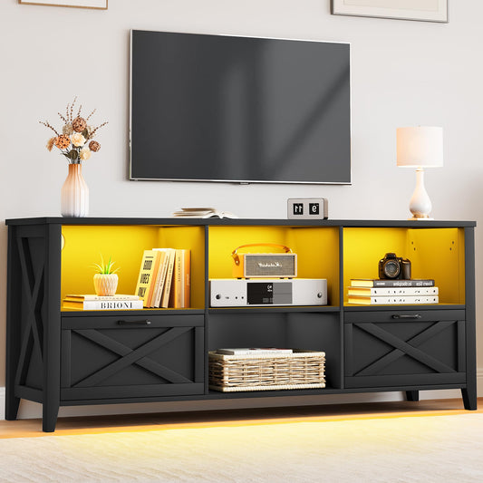 DWVO Farmhouse TV Stand Black 70", LED Light Media Console for TVs up to 80", Entertainment Center with Storage Cabinets & Adjustable Partition for Living Room