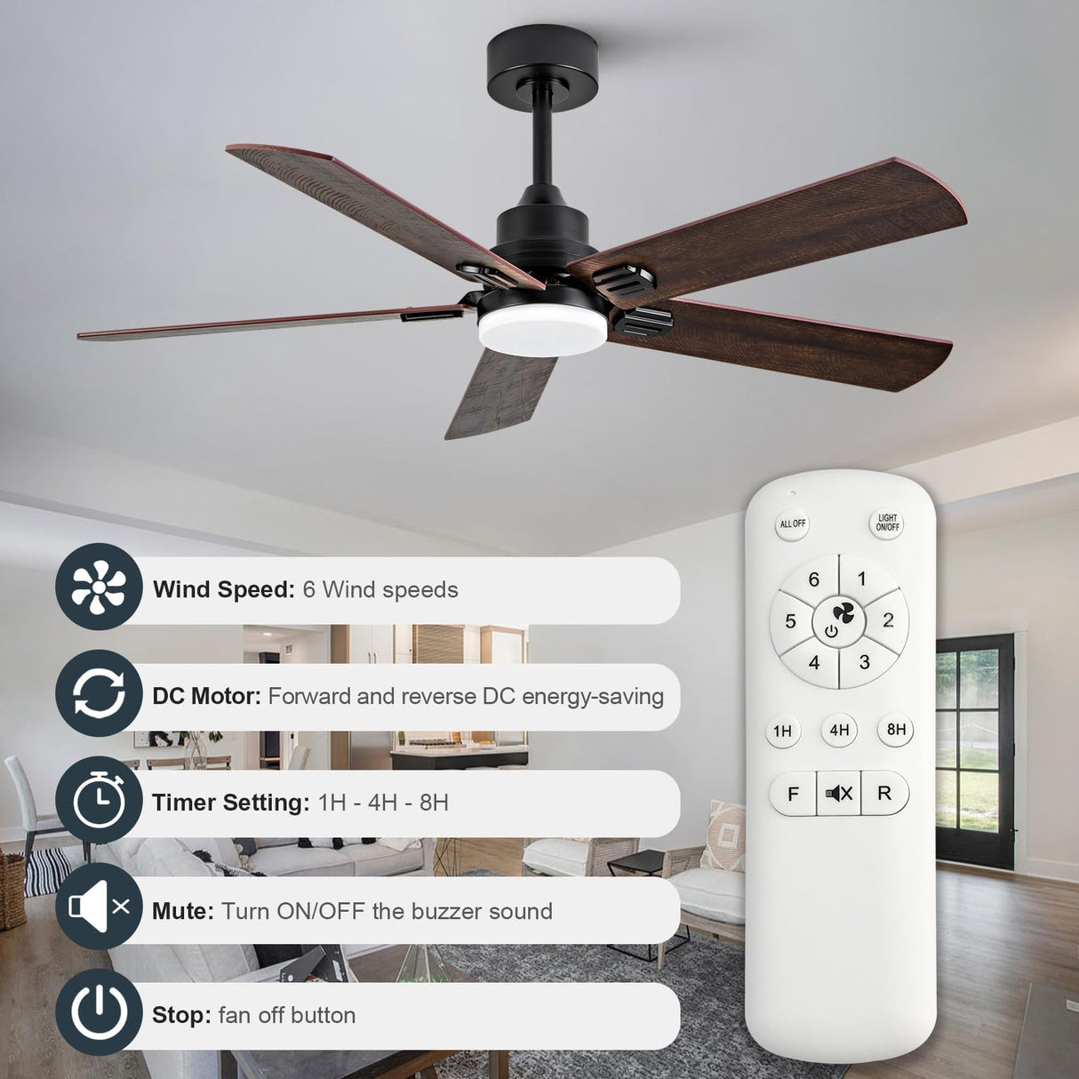 BOOMJOY Ceiling Fans with Lights,52 Inch Ceiling Fan with Remote,Modern Ceiling Fan for Bedroom Living Room, Black Ceiling Fan with Light for Outdoor Indoor and 5 Blades Quiet Reversible DC BOOMJOY