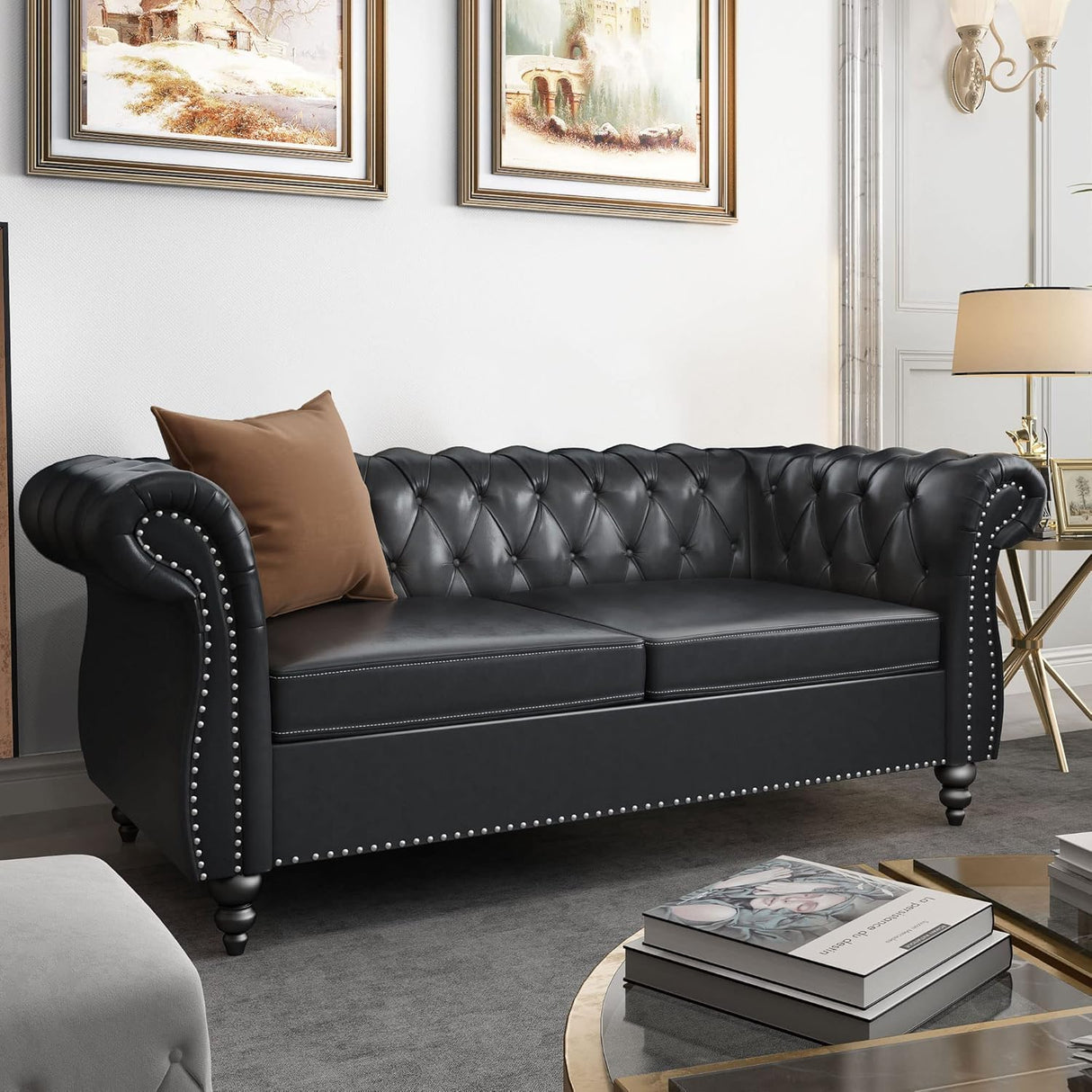 RUSTYER Chesterfield Loveseat Sofa, Modern Leather Small Sofa Couch 2 Seater with Rolled Arms and Nailhead, Mid Century Modern Loveseat Couch for Small Spaces Living Room Bedroom Apartment, Black RUSTYER